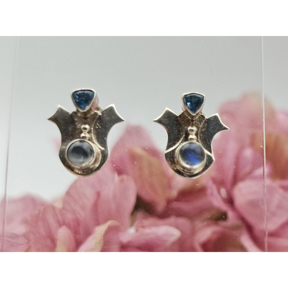Art Deco Handmade Sterling Silver Post Earrings Women OS Blue Topaz Moonstone